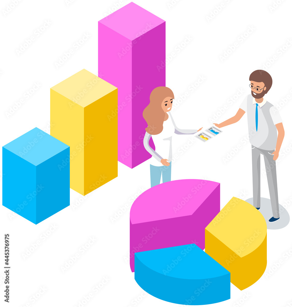Visualize with business analytics. People work with statistical data analysis, changing indicators. Employees analyze statistical indicators, business data. Characters work with marketing research Visualize with business analytics. People work with statistical data analysis, changing indicators. Employees analyze statistical indicators, business data. Characters work with marketing research