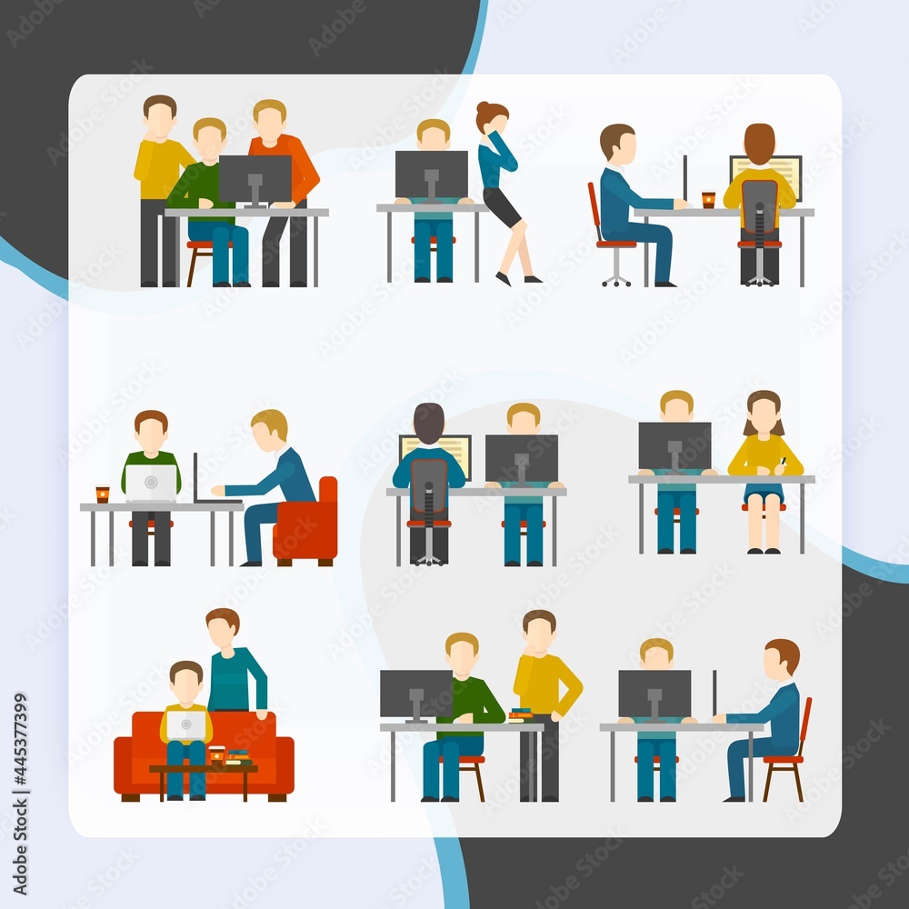 Coworking center icons set with freelancer designer colleagues creative group working isolated vector illustration