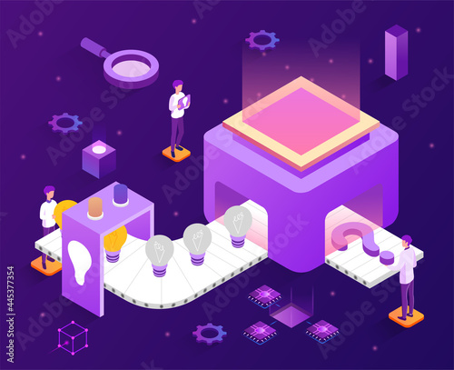 Innovative idea generation concept. Man puts a question mark on the conveyor and gets a ready-made idea. A metaphor of the thought process. Cartoon isometric vector illustration on a purple background