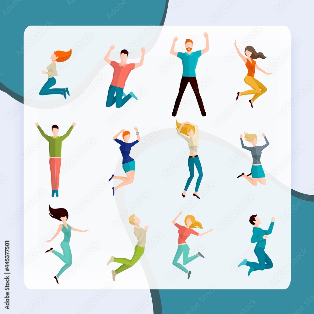 Jumping high male and female people avatar set isolated vector illustration