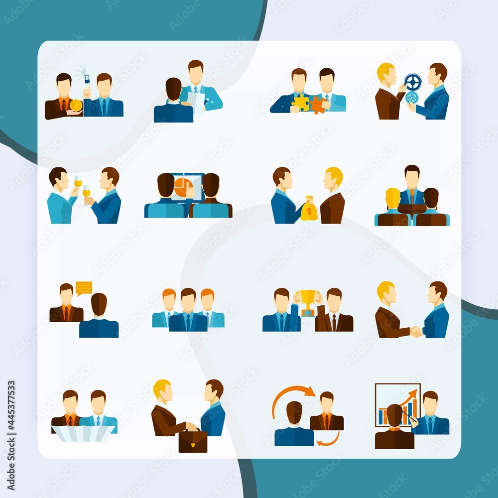 Business partnership teamwork management and communication flat icons set isolated vector illustration