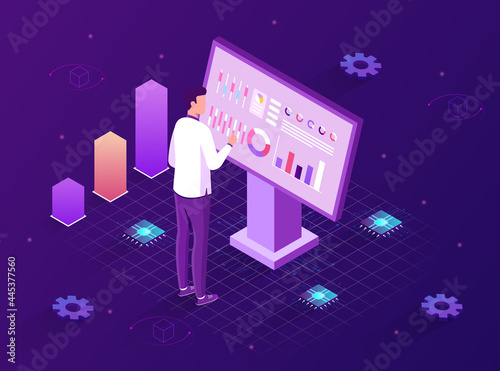 Isometric digital monitor. A man stands in front of a monitor and studies statistical data. Interactive business management. Cartoon modern isometric vector illustration on a purple background