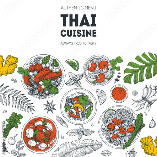 Thai food top view vector illustration. Food menu design template. Hand drawn sketch. Thai food menu. Vintage style.