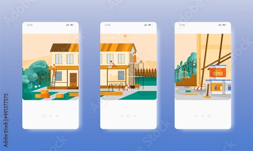 Home repair services. House, roof renovation. Mobile app screens, vector website banner template. UI, web site design.