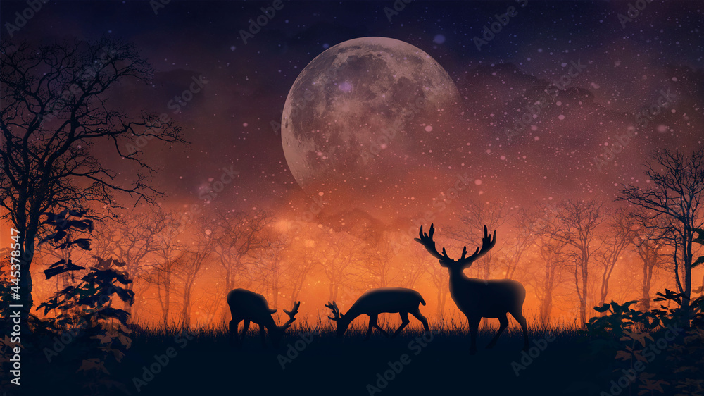 Bright fabulous landscape with silhouettes of deer and trees, enigmatic night forest with an juicy orange sky and big moon, fabulous nature with animals and plants, magic background with a fiery dawn.