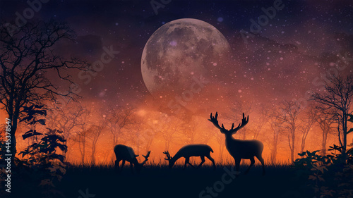 Bright fabulous landscape with silhouettes of deer and trees  enigmatic night forest with an juicy orange sky and big moon  fabulous nature with animals and plants  magic background with a fiery dawn.
