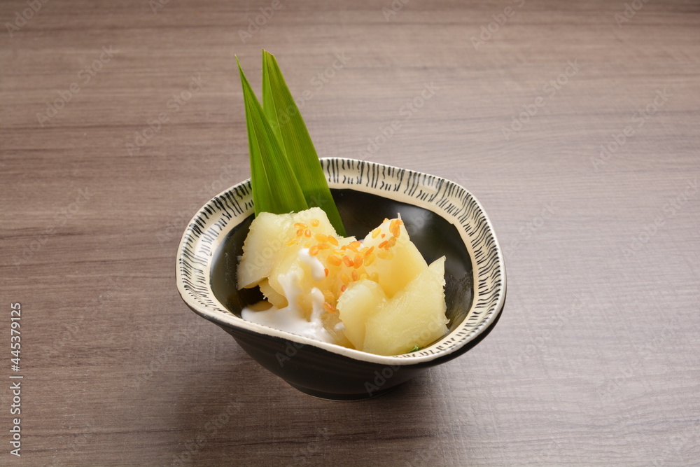 cold Tapioca with fresh coconut milk cream sauce dessert in bowl on wood table asian halal menu cold Tapioca with fresh coconut milk cream sauce dessert in bowl on wood table asian halal menu