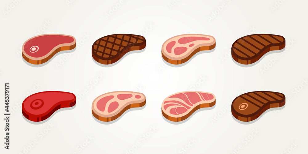set of raw meat and grilled beef steak flat vector icons illustration design template. simple barbecue or butcher shop bundle icon logo concept inspiration