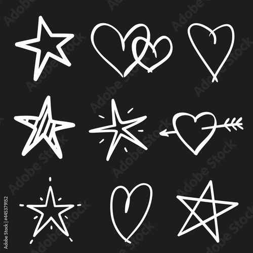 Abstract white stars and hearts on isolated black background. Freehand art. Black and white illustration