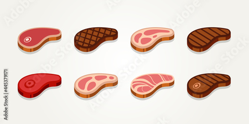 set of raw meat and grilled beef steak flat vector icons illustration design template. simple barbecue or butcher shop bundle icon logo concept inspiration