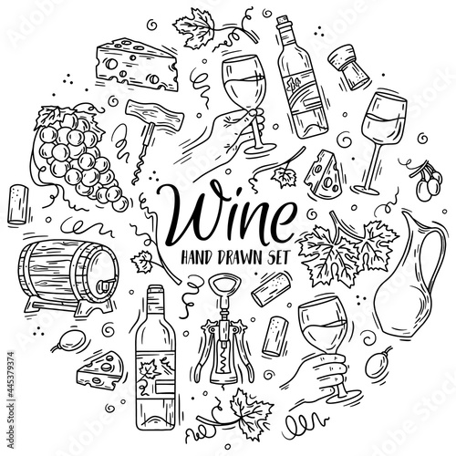 Vector circular set with wine and cheese in Doodle sketch style. Linear icons for the menu of grapes and bottles.