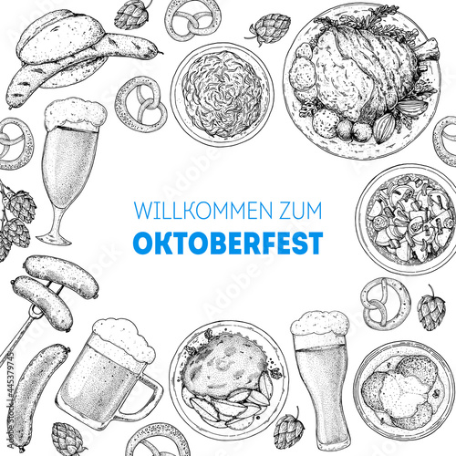 Oktoberfest menu design template. German food sketch. Hand drawn vector illustration. German cuisine. Black and white. Engraved style. Hand drawn food, sketch illustration
