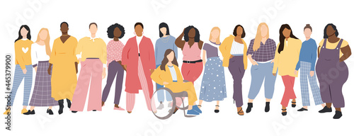 Women of different ethnicities stand side by side together. Flat vector illustration.