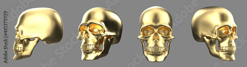 Set of images of golden skulls. 3d rendering gold skull