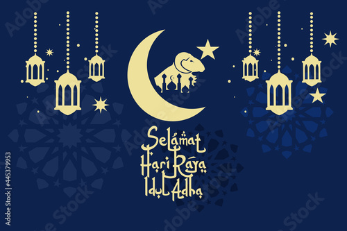 Translate: Happy Eid al-Adha Mubarak. selamat hari raya Idul Adha vector illustration. suitable for greeting card, poster and banner