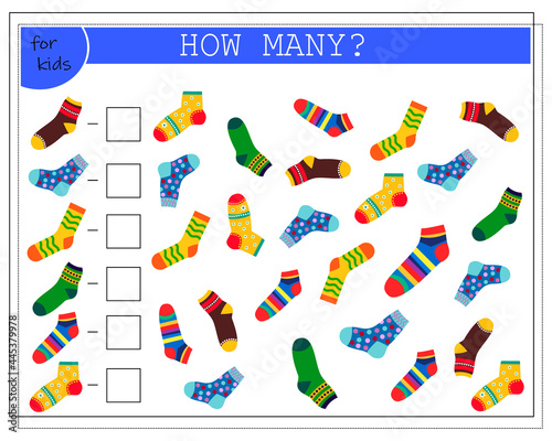 math game for kids. count how many of them there are. multi-colored socks with a different pattern. vector