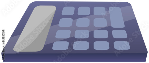 Blue calculator, electronic device for mathematics calculations with buttons isolated on white. Digital keypad with display. Numerical math counter for financial balance account, calculating machine