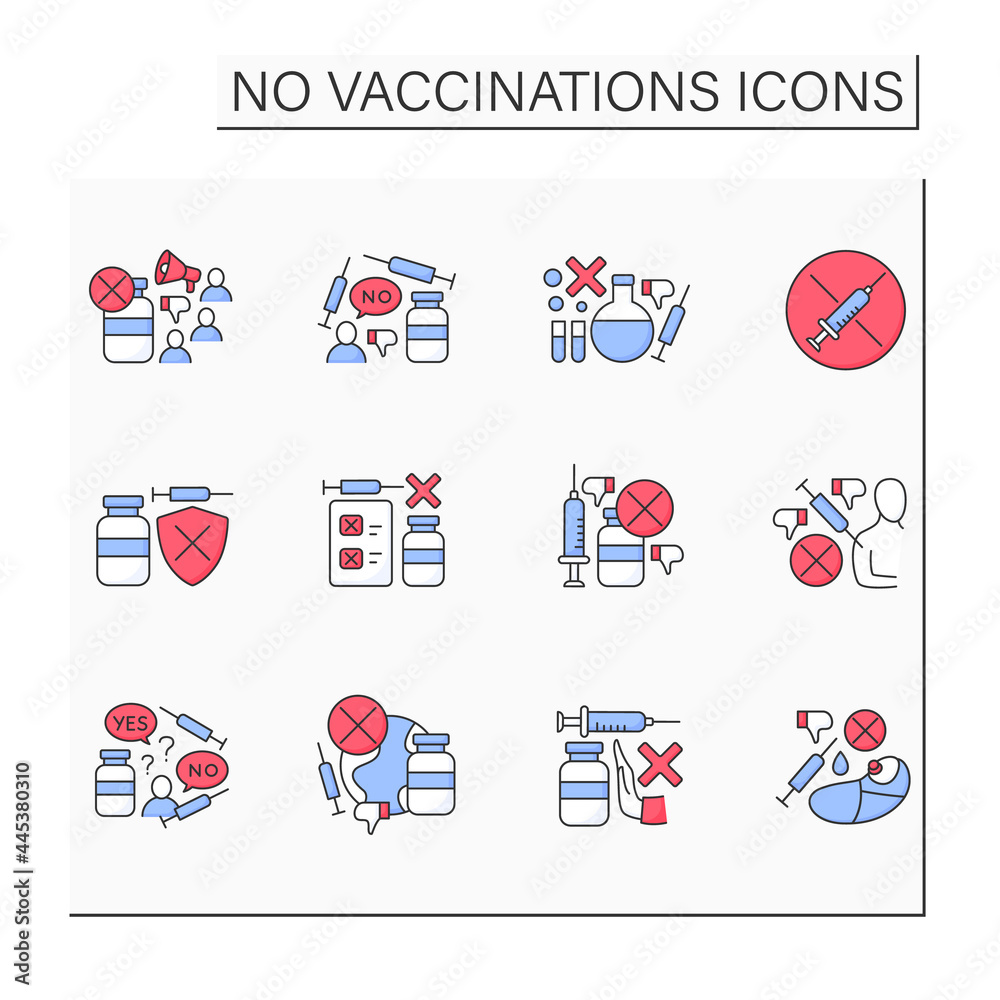 No vaccination color icons set. Vaccination refused. People avoid group inoculation. Fight against covid19 concept. Isolated vector illustrations