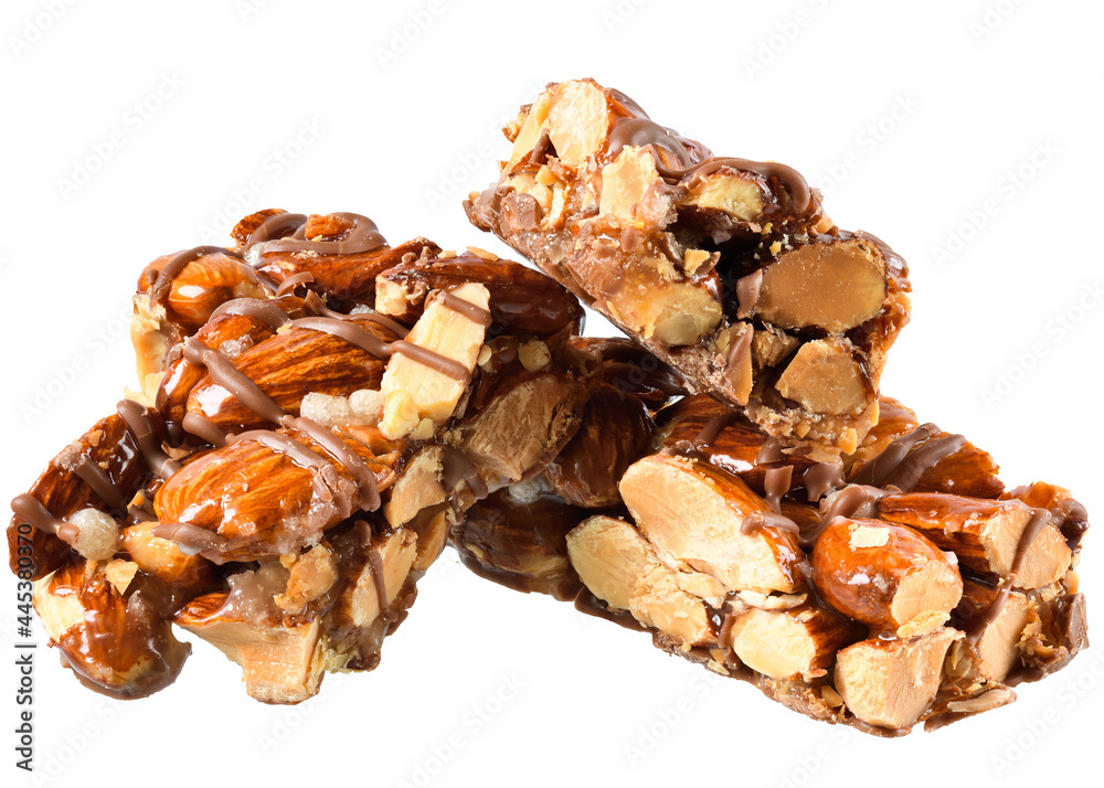 Chocolate bar with caramel, almonds and puffed rice isolated