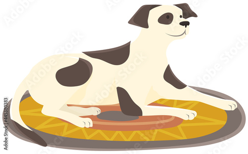 Cute spotted dog lying on rug. Thoroughbred or yard puppy isolated on white background. Puppy with black and white spots lies on soft carpet on floor. Dog, pet cute animal vector illustration