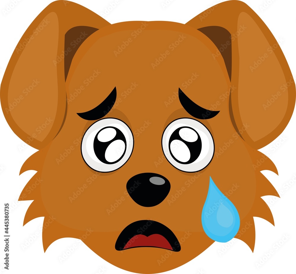 Vector emoticon illustration of a cartoon dog's face with a sad expression and a tear falling from his eye