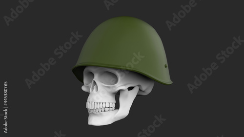 Skull  in military soviet helmet on a black background. 3d render soldier skull