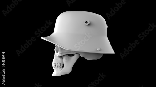 Skull in profile in military german helmet on a black background. 3d render skull