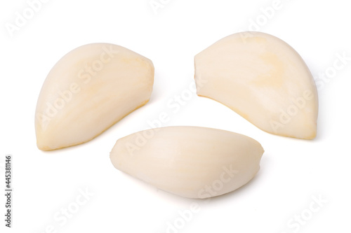 Set collection fresh garlic cloves isolated on white background.