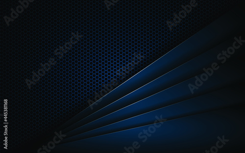 Abstract dark blue luxury polygon on dark steel mesh background. Modern technological innovation concept background.