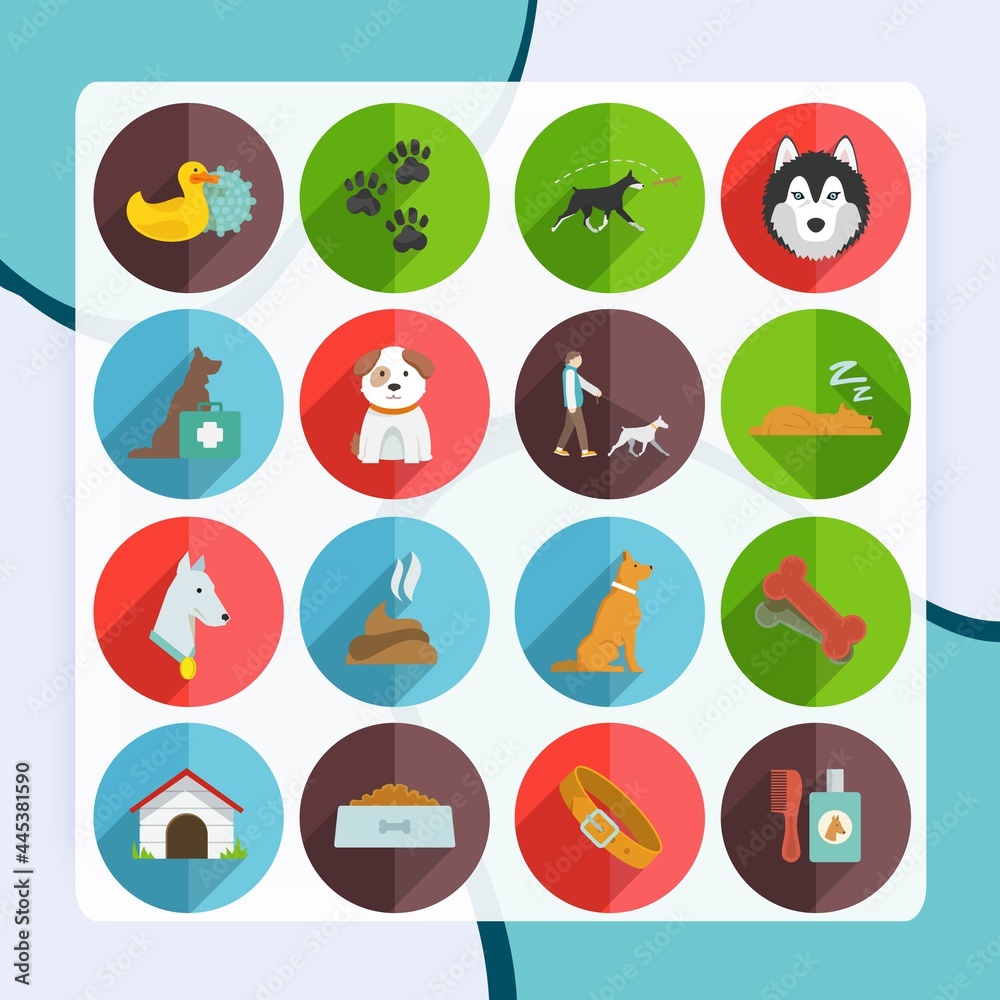 Dog icons flat set with dung garbage puppy walking isolated vector illustration Dog icons flat set with dung garbage puppy walking isolated vector illustration