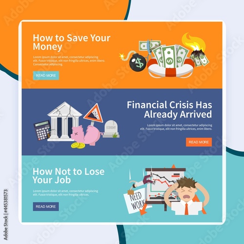 Economic crisis horizontal banners set with job loss money save flat elements isolated vector illustration