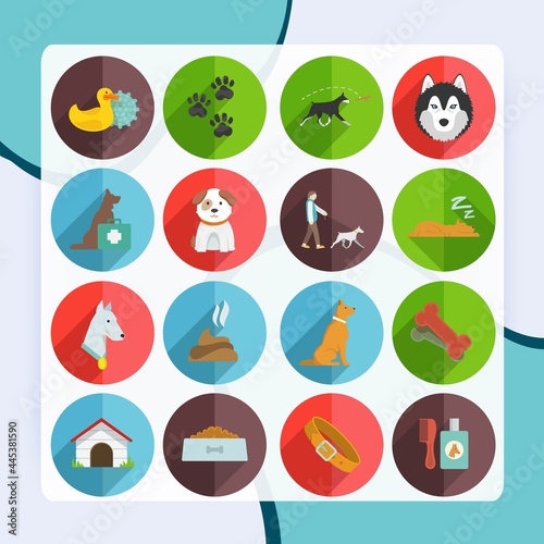 Dog icons flat set with dung garbage puppy walking isolated vector illustration