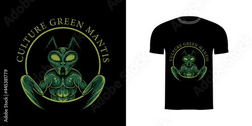 retro illustration green mantis for tshirt design, badge design character