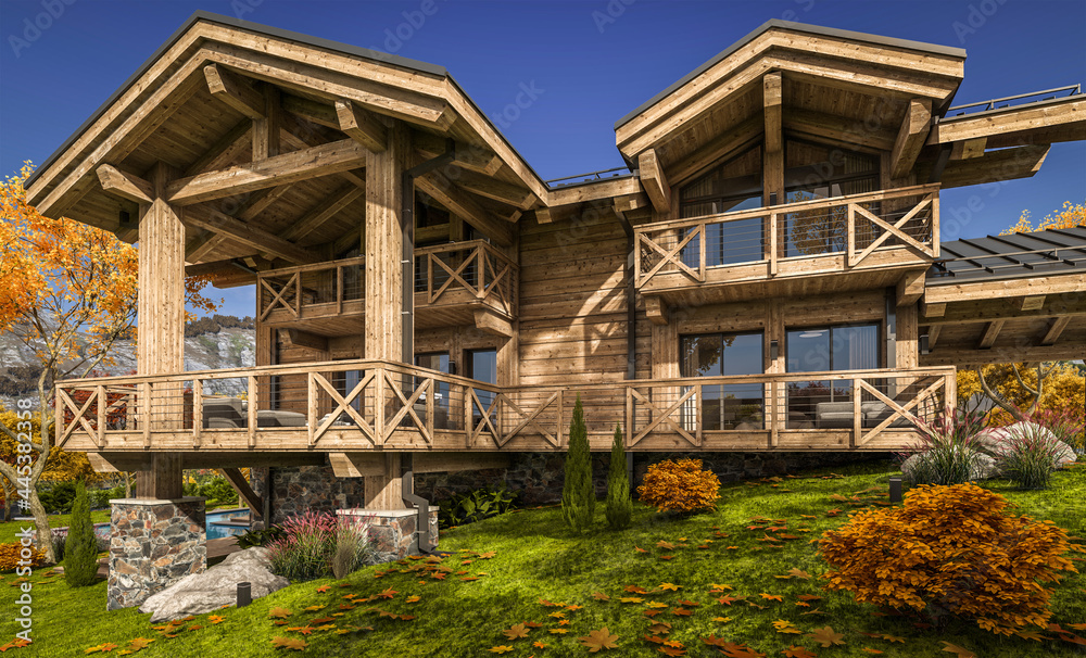 3d rendering of modern cozy chalet with pool and parking for sale or rent. Beautiful forest mountains on background. Massive timber beams columns. Clear sunny autumn day with golden leaves anywhere. 3d rendering of modern cozy chalet with pool and parking for sale or rent. Beautiful forest mountains on background. Massive timber beams columns. Clear sunny autumn day with golden leaves anywhere.