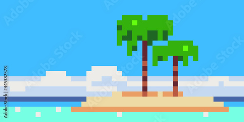 Greeting card. Sea landscape. Pixel art style. Vacation Holiday Tropical Ocean Island With Palm Tree. 8-bit. Abstract vector illustration.