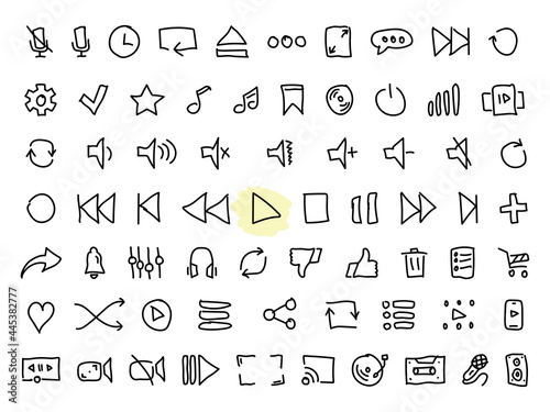 Set of black vector doodle icons, isolated against white background. Flat illustration on a theme audio and video player buttons. Line, outline, stroke
