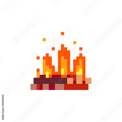 Fireplace flame. Pixel art fire icon. Knitted design. Bonfire isolated vector illustration. 8-bit sprite. Old school computer graphic style.