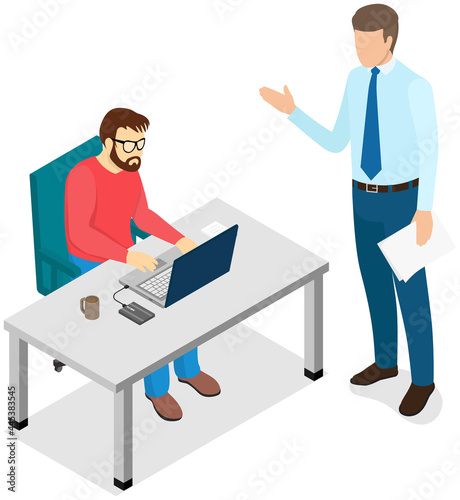 Man sitting and typing on computer. Boss standing near employee and controlling process of working. Director controls work of subordinate and makes notes in clipboard. Male team working with computer