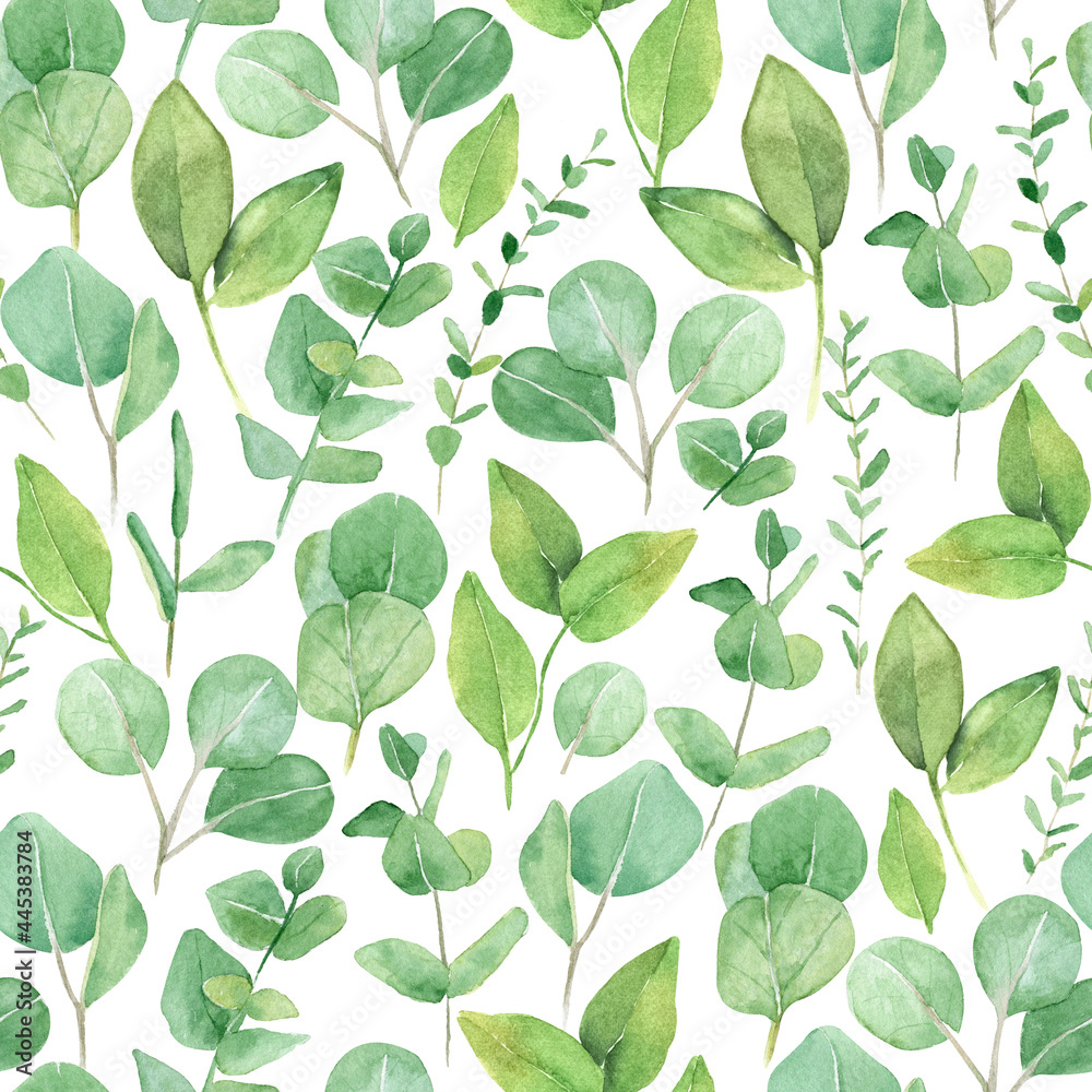 watercolor green leaves seamless pattern. 