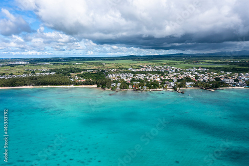 Aerial view  beaches with luxury hotels with water sports at Trou-aux-Biches Pamplemousses Region  behind Grand Baie  Mauritius  Africa
