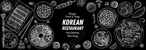 Korean food top view illustration. Hand drawn sketch. Bibimbap, kimchi, kimbap, noodles, skewers. Korean street food, take away menu design. Vector illustration.