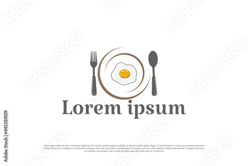 Plate Spoon and Fork with Bread and Egg Sunny Side Up for Breakfast Cafe Restaurant Logo Design Vector
