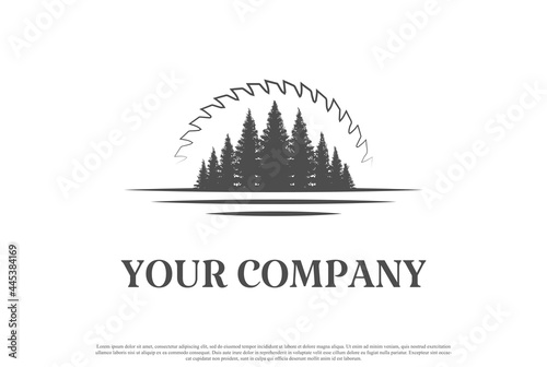 Pine Cedar Conifer Evergreen Larch Cypress Spruce Fir Tree Forest with Sunset Sunrise Circular Blade for Timber Log Logo Design Vector