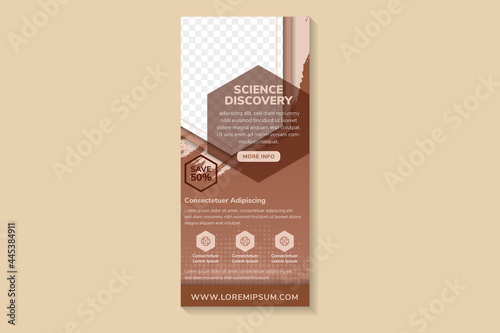 science discovery headline of roll up banner design template use vertical layout. multicolored brown gradient on element and background with brush and dot halftone pattern. shape for space of photo.
