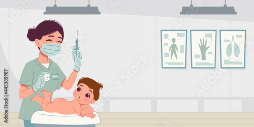 A pediatrician vaccinates a little boy in a hospital. A female doctor in uniform holds a syringe with a coronavirus vaccine. Vector cartoon illustration, banner. Pediatrician s office room