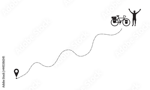 Touring bike cyclist finish traveling on GPS route to the destination. Biker raise hand above head near his bicycle with bikepacking bags and tent. Vector illustration design.