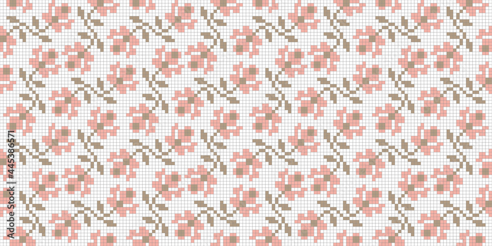 Fototapeta premium Pixel art. Organic motif, botanical motif background. Seamless pattern.Vector.ピクセルアートのスタイリッシュな有機的パターン