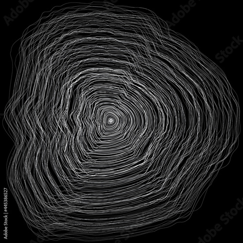 Abstract white circular curved lines like tree rings on black background.