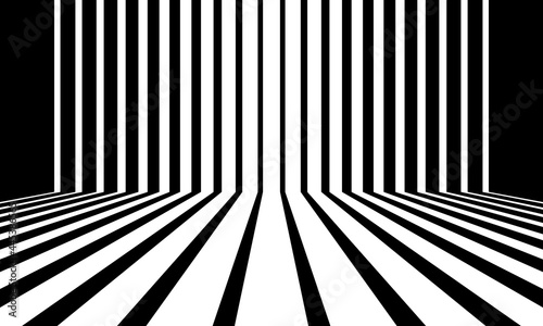 Black and white parallel stripes background like 3D form. Room interior vintage with wall and floor line design.