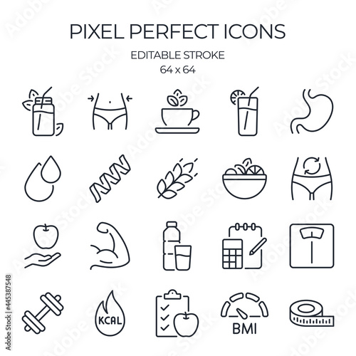 Weight loss, healthy nutrition and calorie counting related editable stroke outline icons set isolated on white background flat vector illustration. Pixel perfect. 64 x 64.
